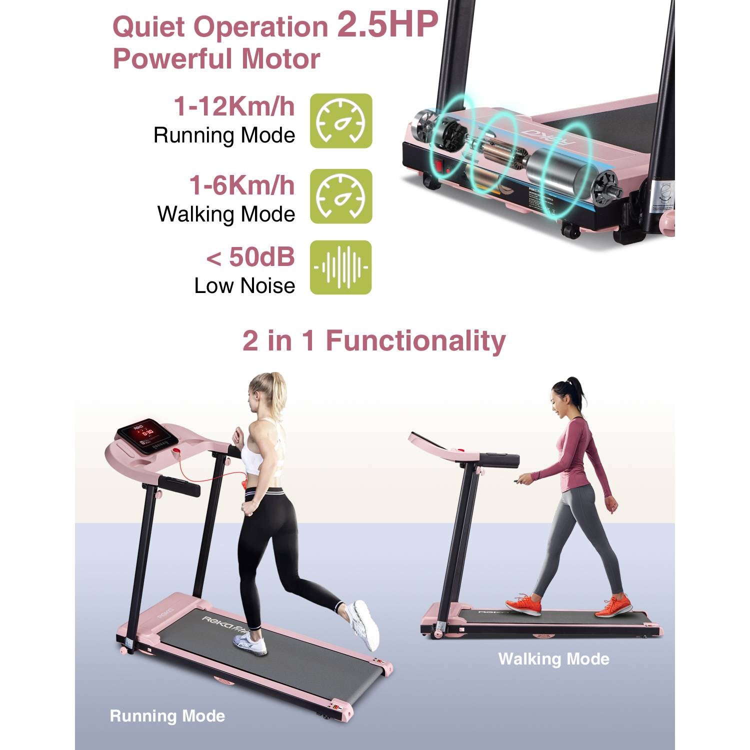 REKA Fitness Pink Treadmill - 2.5HP, Up to 12km/h Speed