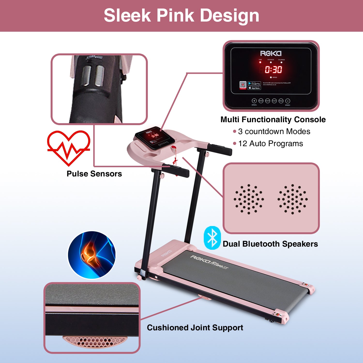 REKA Fitness Pink Treadmill - 2.5HP, Up to 12km/h Speed