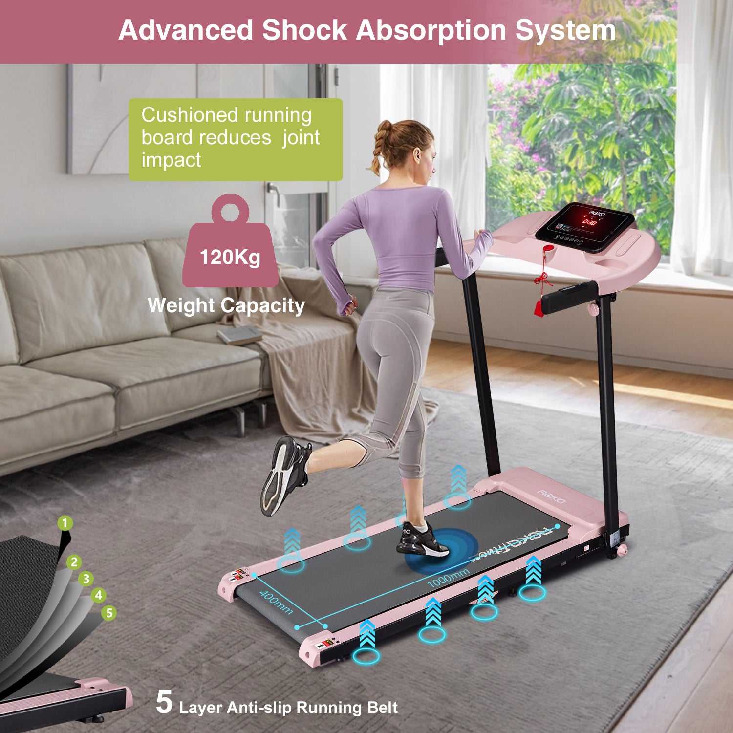 REKA Fitness Pink Treadmill - 2.5HP, Up to 12km/h Speed