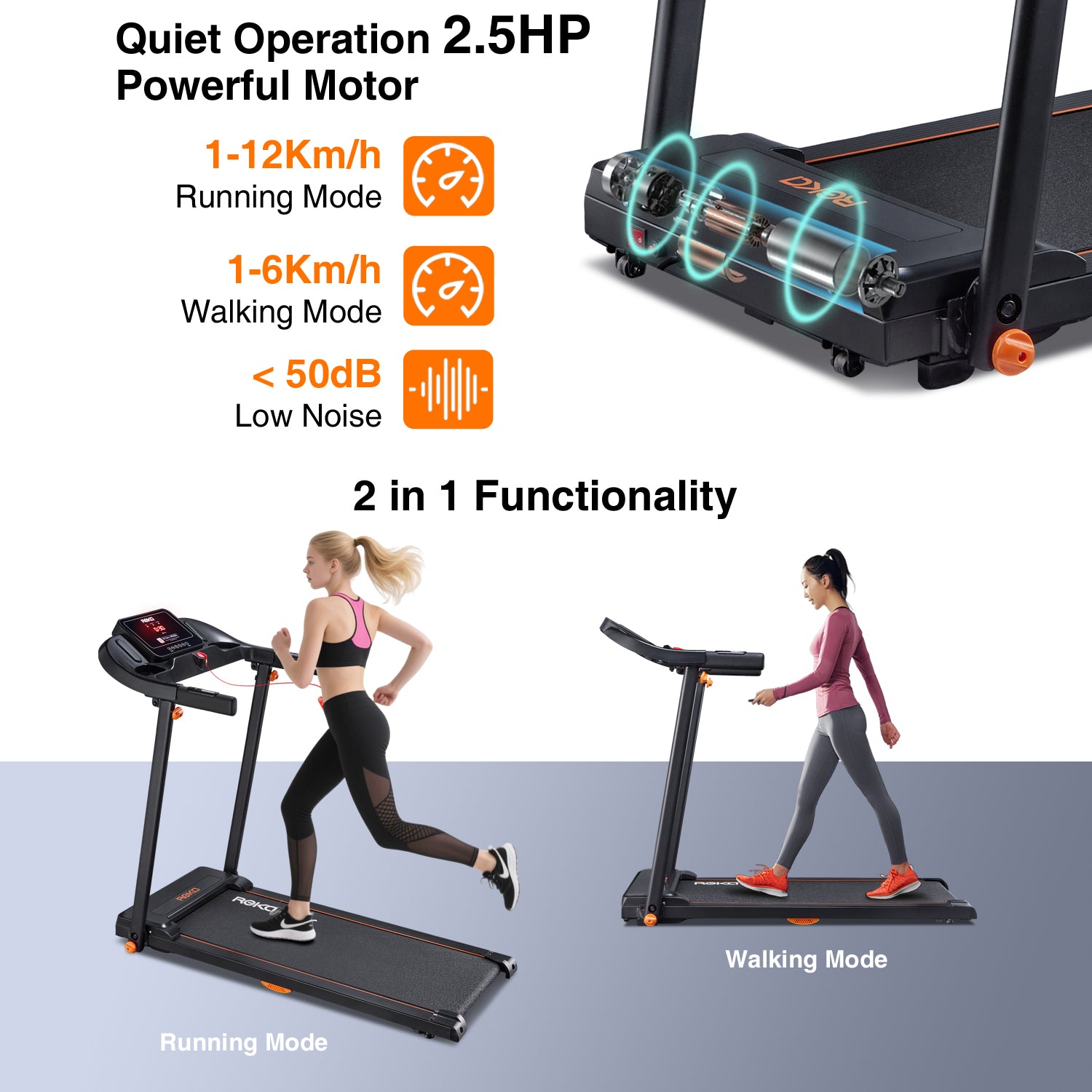 REKA Fitness Black Treadmill - 2.5HP, Up to 12km/h Speed