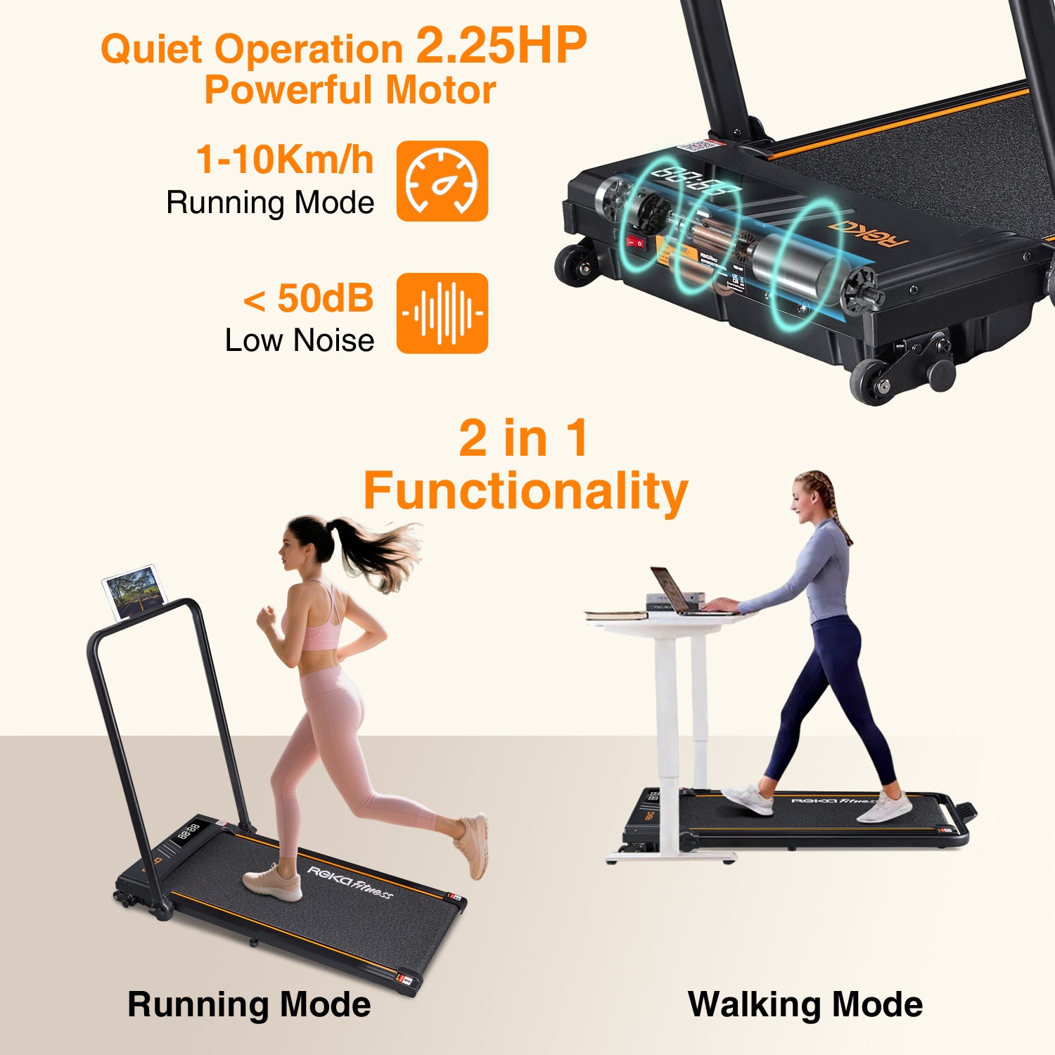 REKA Fitness Black Treadmill - 2.25HP, Up to 10km/h Speed