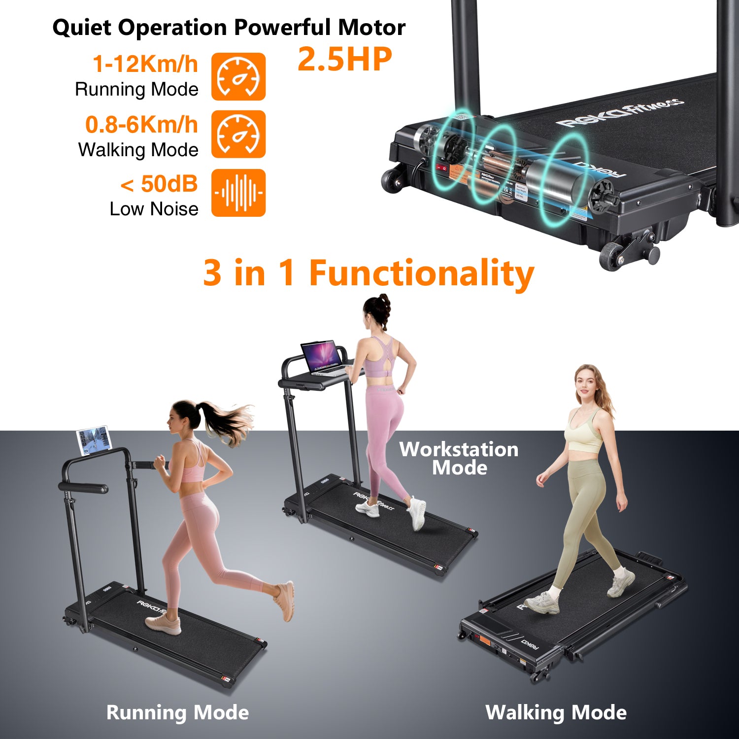 REKA Fitness Black Treadmill - 2.5HP, Up to 12km/h Speed